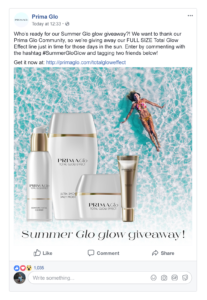 facebook post of prima glo skin care brand comment to win contest prize pack giveaway