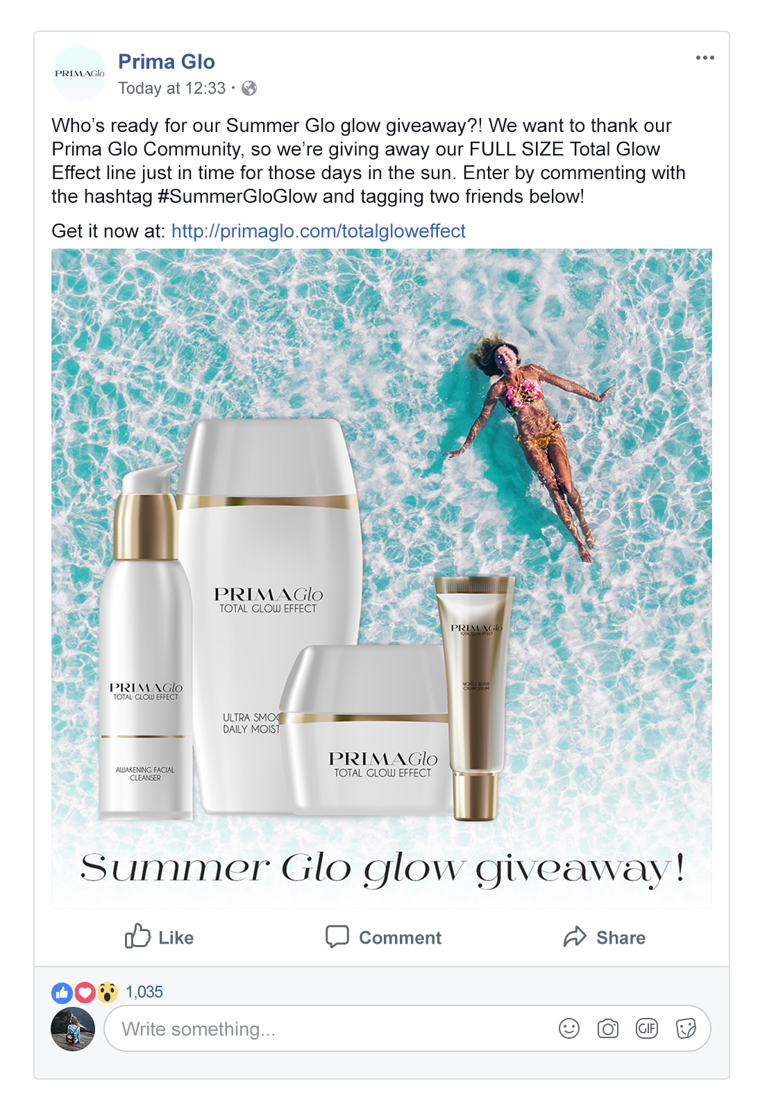facebook post of prima glo skin care brand comment to win contest prize pack giveaway
