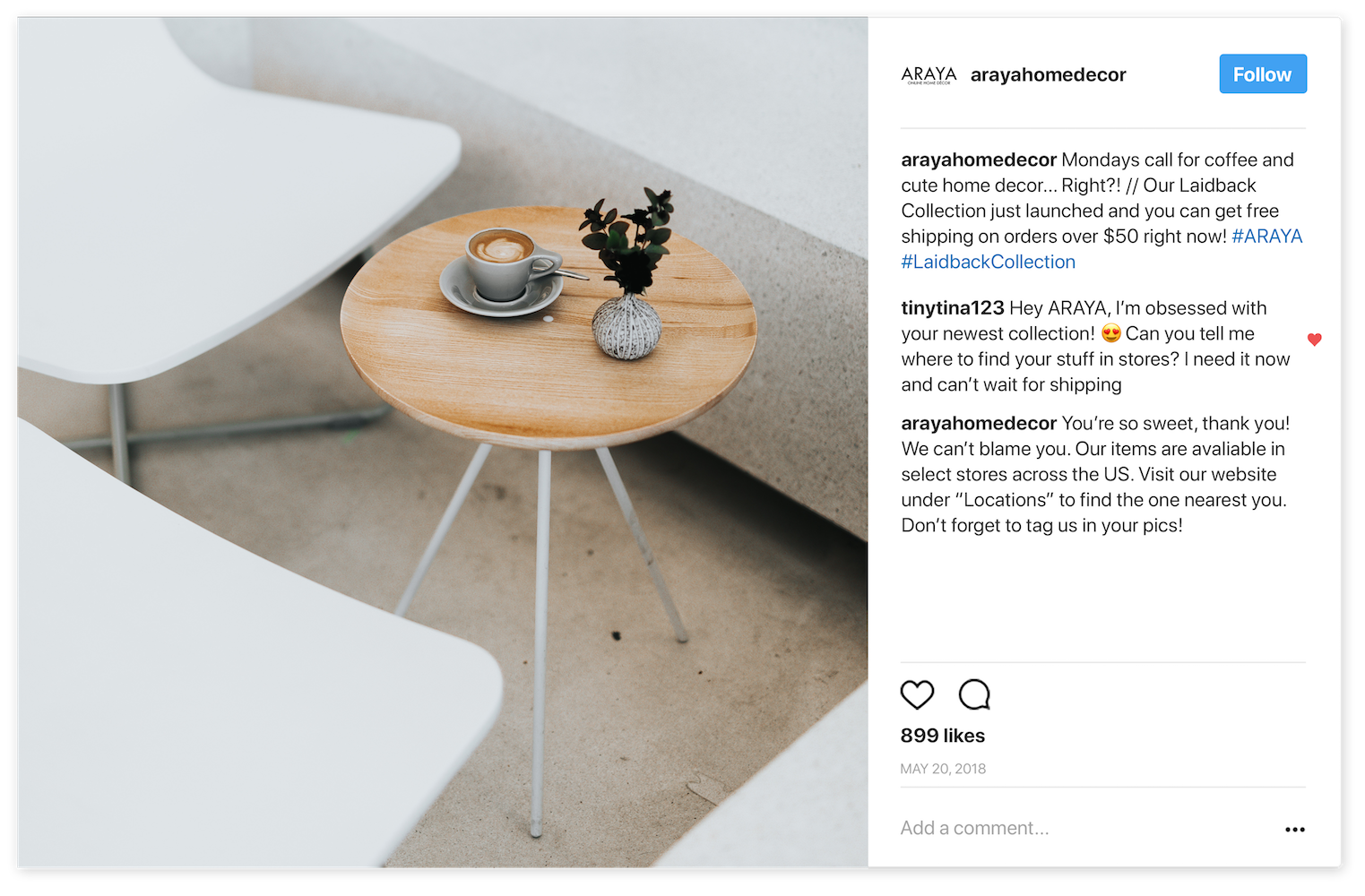 Social Media Customer Service example for araya home decor