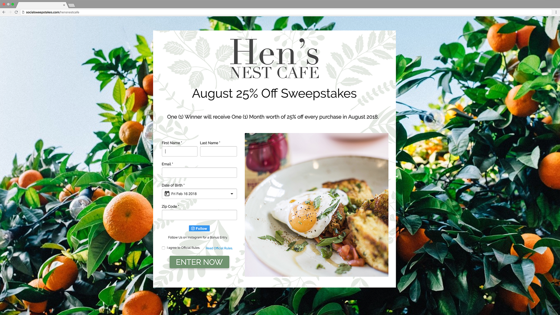 Sweepstakes landing page for hen's nest cafe