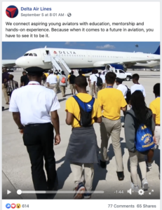 social media marketing agency screenshot of Delta Air Lines Facebook post education mentorship part of mission statement