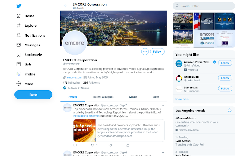 social media agency screenshot of client EMCORE Twitter profile