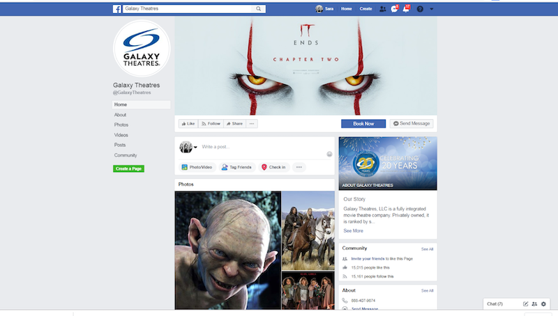 social media agency screenshot of client Galaxy Theatres Facebook Cover photo branding