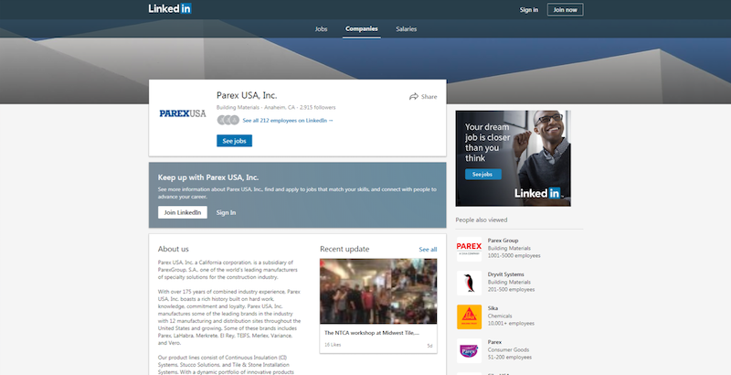 social media agency screenshot of client Parex LinkedIn Profile