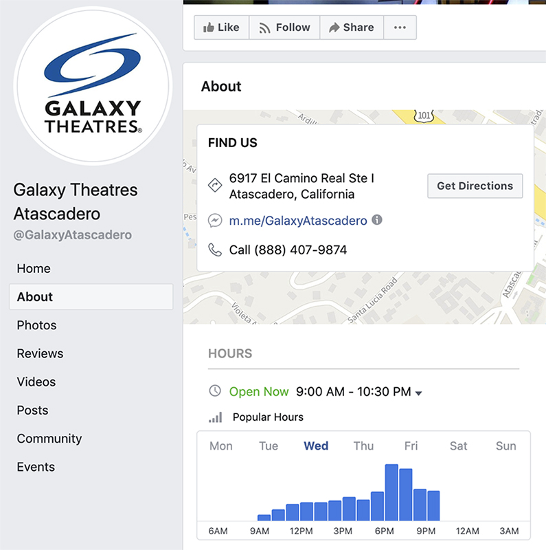 Digital marketing agency screenshot of Galaxy Theatres Atascadero Facebook About showing address and phone number