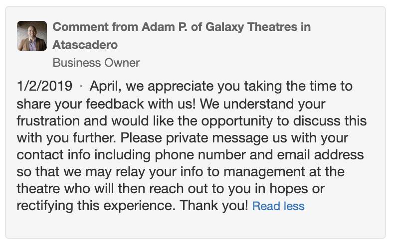 Social media customer care screenshot of Galaxy Atascadero Yelp Response showing customer feedback