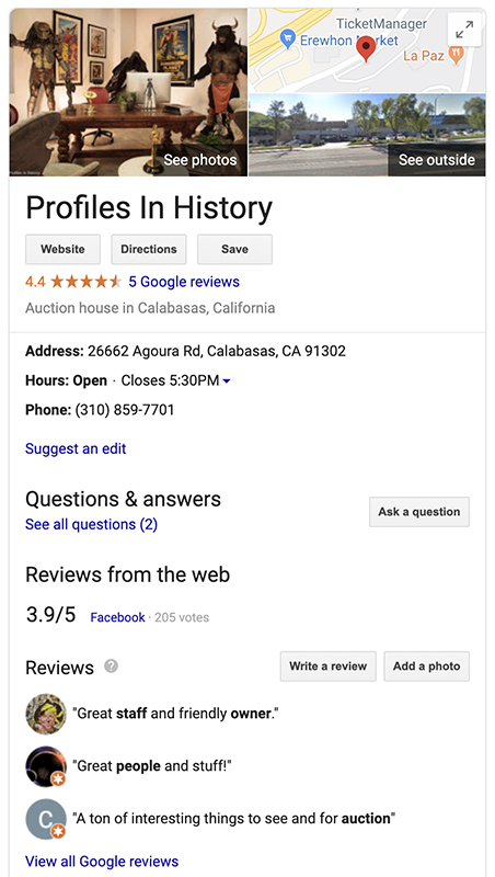 Reputation management screenshot of Profiles in History Google reviews showing ratings and reviews