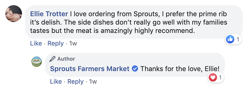 Social media community management screenshot of Sprouts Facebook page responding to customer positively