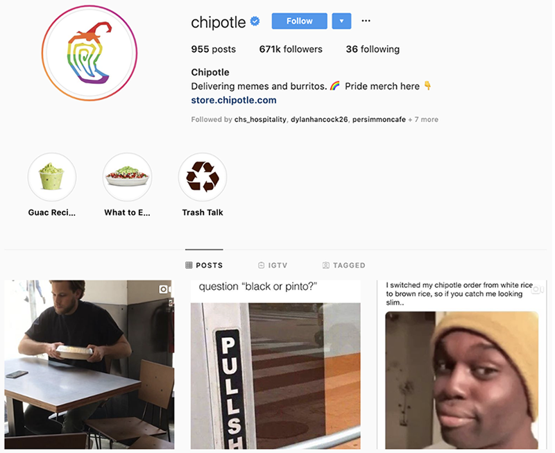 Content creation company screenshot of Chipotle's Instagram Profile to show example of personality.
