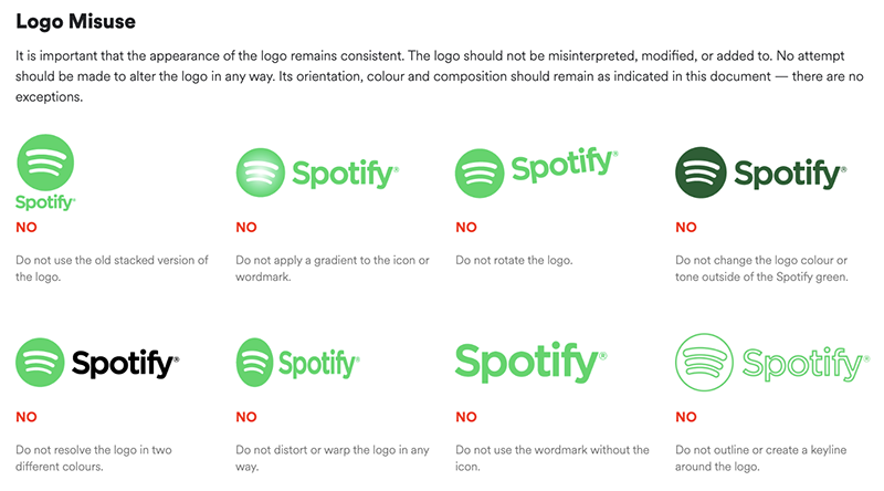 Content creation company screenshot of Spotify Style Guidelines to show example of style guides.