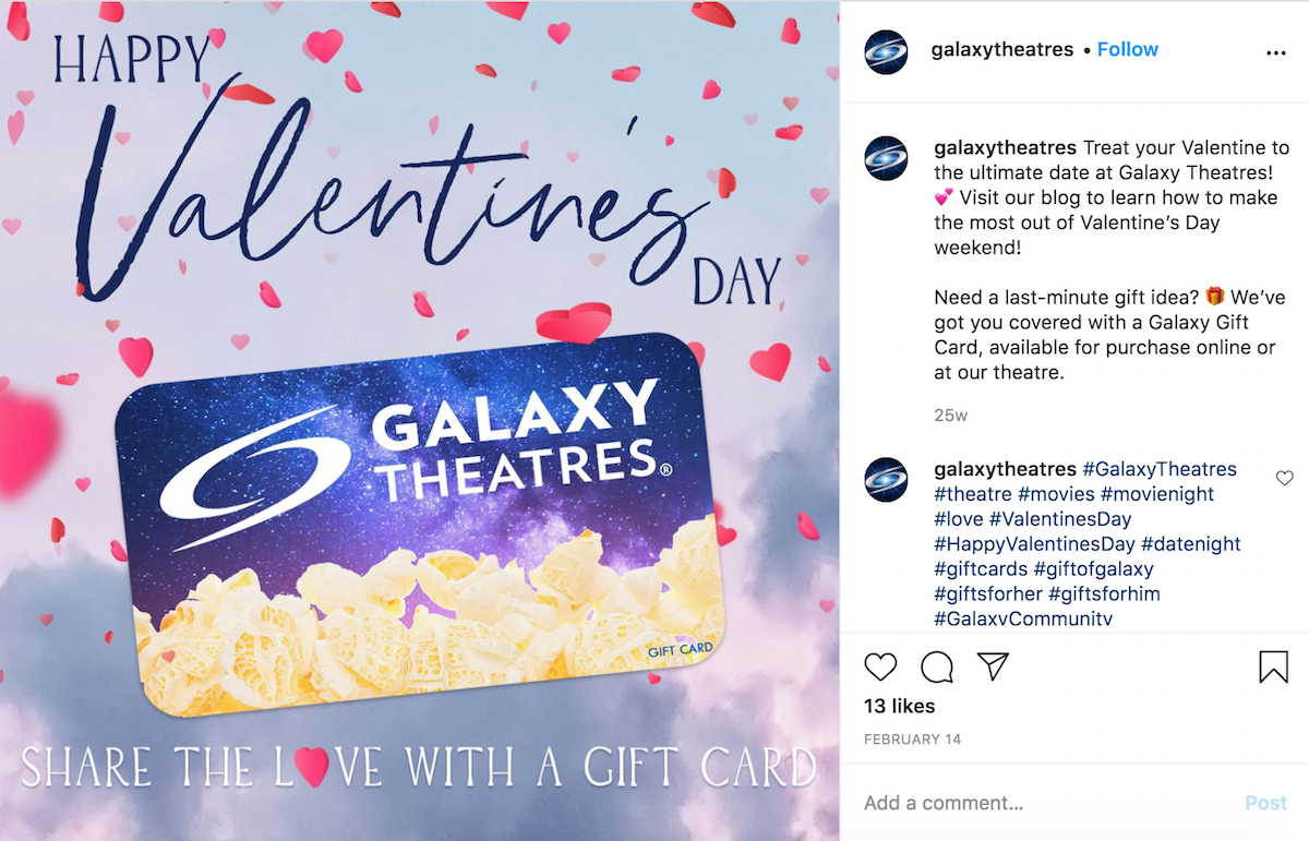 Galaxy Theatres Instagram screenshot of Valentine's Day post to show example of content marketing agency capabilities
