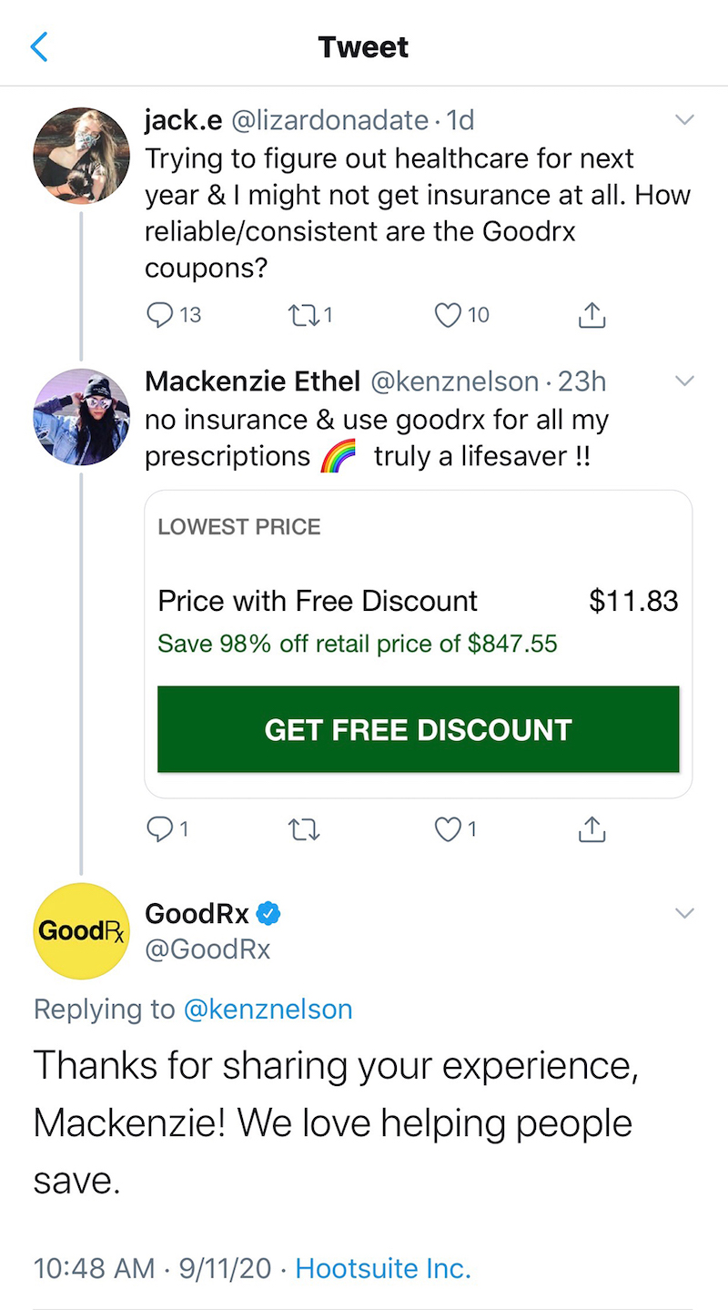 Image of GoodRX's twitter feed to show how a social media advertising agency can use earned media