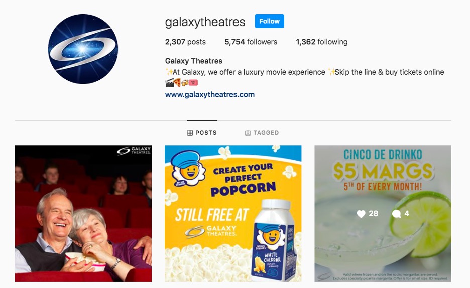 social media marketing agency manages Galaxy Theatres Instagram profile and posts