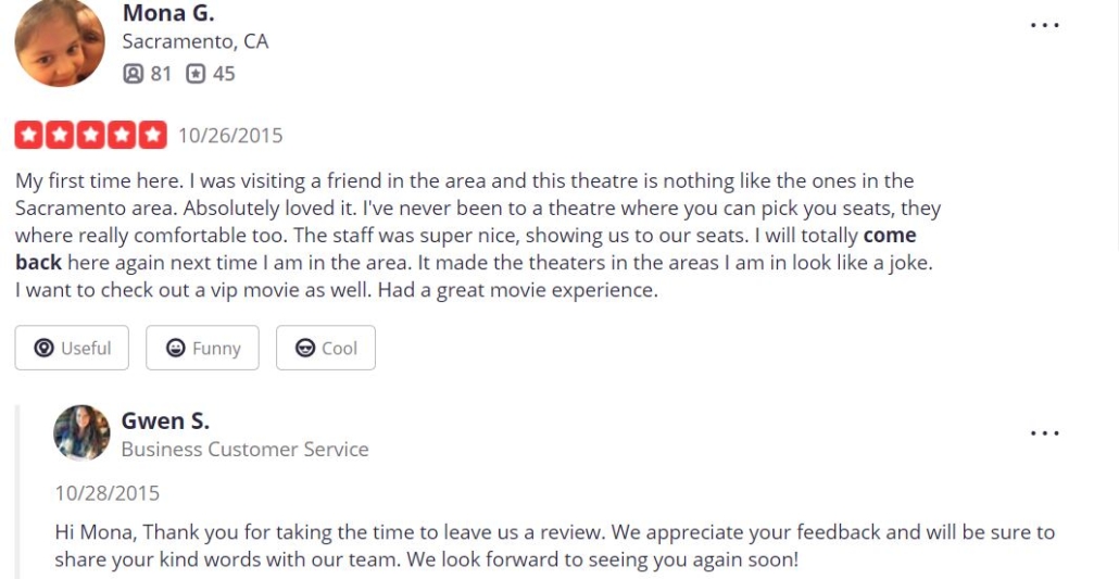 Yelp screenshot of Galaxy Theatres to show example of up-selling to existing customers. 